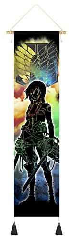 Hanging Poster Canvas Wall Art Painting of Japanese Anime Characters Cartoon Role Tapestry Attack On Titan Wall Tapestry With 2 Tassels And Wooden Hanging Rod Wall Decor Tapestry For Room (Style-E)