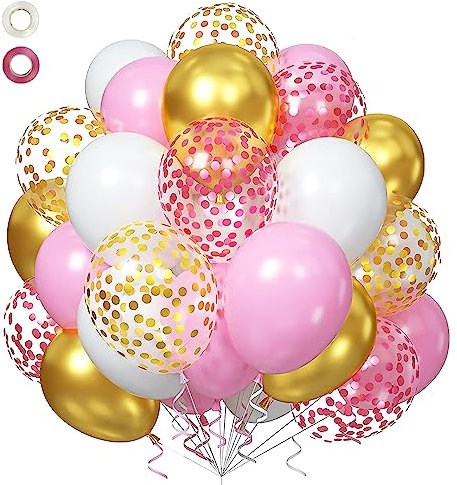 80 Stück Rosegold Luftballon Set mit Bändern, Latex Glitter Ballons mit Bändern,Konfetti Luftballons, Gold, Rosa, Weiß für Mädchen Frauen Geburtstag Hochzeit Valentinstag Baby Showe