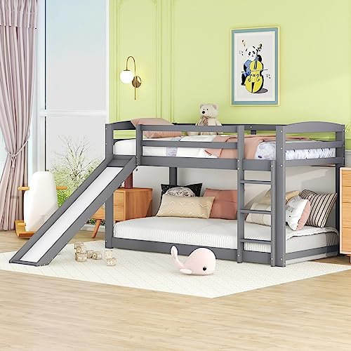 Merax Kinderbett Hochbett, Etagenbett mit Leiter und Rutsche, Stockbett mit Lattenrost und Rausfallschutz, Massivholzrahmen, für Kinder, Jugendliche, einfache Montage, 90 x 200cm, Grau