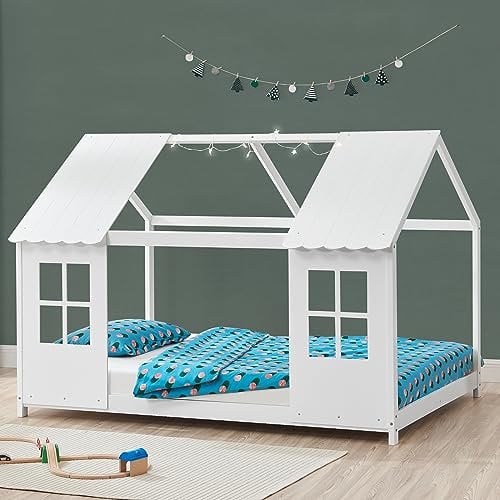 [en.casa] Kinderbett Tostedt Hausbett Jugendbett Bettenhaus Spielbett Halboffenes Design Montessori Bett aus massiver Kiefer Bettgestell Holz 90x200cm Weiß