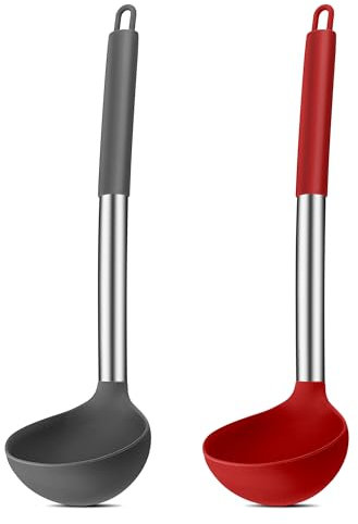 Joyfair Lot de 2 louches à soupe en silicone, résistantes à la chaleur, avec poignée en acier inoxydable, grande cuillère à sauce de 30 cm, pour cuisiner/remuer/servir, saine et anti-adhésive – Gris