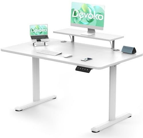 Devoko Electric Standing Desk 120 x 60cm, Height Adjustable Standing Desk with Monitor Stand, Stand Up Table for Home Office with 2 Memory Smart Pannel (White)