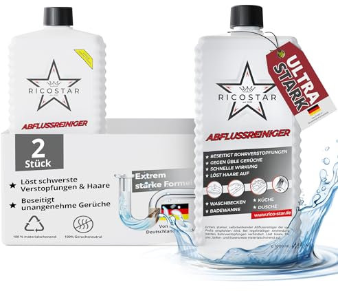Ricostar Abflussreiniger 2x 1000ml - Profi Rohrreiniger gegen Verstopfungen, Haare und üble Gerüche - Rohrfrei extra stark und materialschonend - Made in Germany