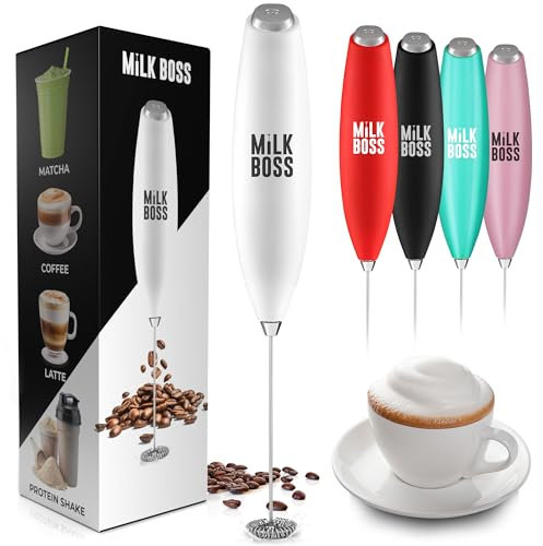 Milk Boss Matcha Batidor – Mezclador eléctrico de mano y mezclador de bebidas – Varita espumadora para té y té verde – Licuadora duradera de acero inoxidable – Espumador blanco potente