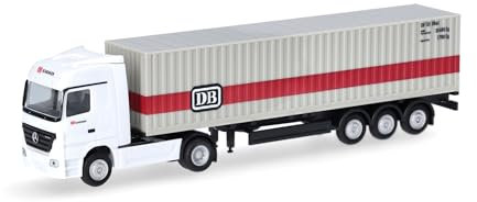 Herpa LKW Mercedes-Benz Actros Container-Sattelzug Deutsche Bahn(Spur TT), Zugmaschine mit Ladekran und Heckabstützung, Miniatur im Maßstab 1:120, Sammlerstück, Made in Germany, Kunststoff