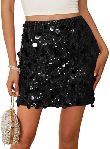 Kate Kasin Damen Pailletten Glitzer Minirock Kurzer Rock Stretchy hohe Taille Hüfte Wrap Halbrock Bleistiftrock Party Bodycon Short Sequin Skirt Schwarz S