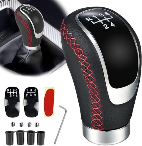 UieaMsio 5 Gang Schaltknauf - Universal Premium Leder Schalthebel für Manuelles Auto Schaltgetriebe Mit 4 Adaptern (8mm, 10mm, 11mm, 12mm) - A