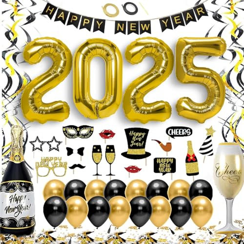 Silvester Deko 2025 XXL Set - Neujahr Silvesterdeko, Happy New Year Girlande, Folienballons, Fotorequisiten, Konfetti & Ballons für eine unvergessliche Silvesterparty