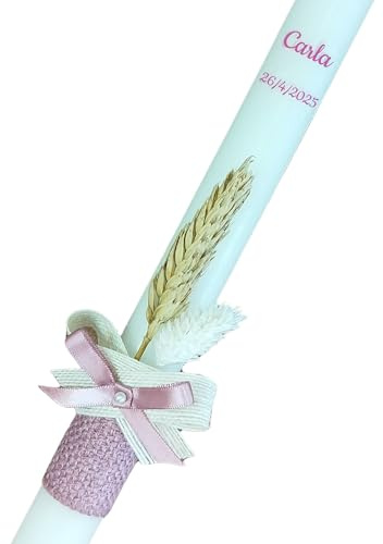 LA BELLA CANDELA Vela Cirio de Bautizo para Niña Decorada con Flores y Cintas Personalizada a Mano de forma Artesanal Color Natural 2,5x30cm (Vela Blanca Decorada Rosa)