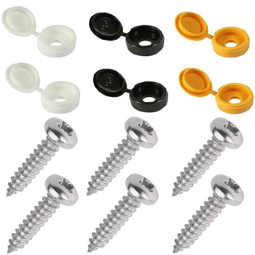 RADSO Number Plate Screws Cover Kit - 12 Pieces set - 6 Stainless Steel Rust-Resistant Pan Pozi screws with 2 Black, 2 White and 2 Yellow Plastic Hinged Caps