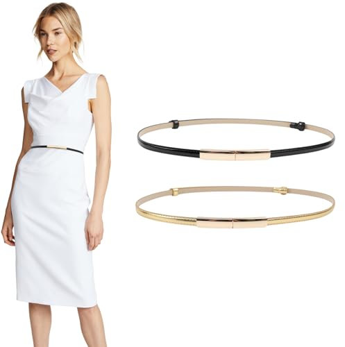 YILANJIN Schmaler Gürtel für Damen, 2 Stück schmal Verstellbarer, Elastischer Taillengürtel für Frauen, Skinny Metallgürtel,Dünner Ledergürtel Schmaler Ledergürtel mit Goldener Schnalle für Kleid