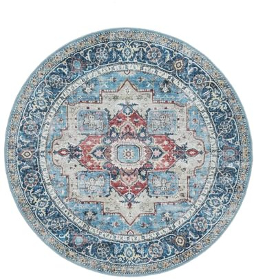 RugVista Georgia Oriental Teppich, Ø 120 cm, Blau/Multi | Orientalische, Rund, Mittlerer Stapel, Maschinenwäsche, Oeko-Tex 100, Wohnzimmer, Schlafzimmer, Diele