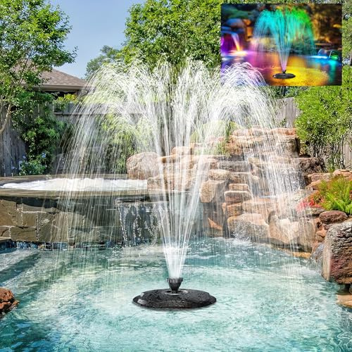 POPOSOAP Floating Pond Fountain with LED Lights, 660GPH Submersible Outdoor Pond Pump, 3 Modes, Sprinkler Waterfall Fountain, Floating Pond Fountain and