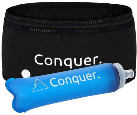 Conquer. Laufgürtel mit Trinkflasche und Handytasche | eng anliegende Lauftasche Damen & Herren mit Handyhalterung, Fach mit Reißverschluss | Trinkgürtel, Running Belt (Laufgürtel inkl. Flask, S)