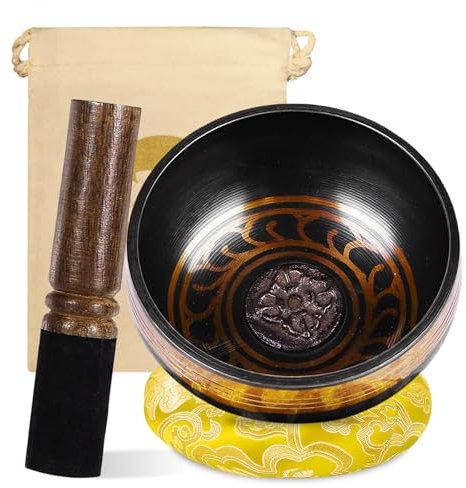 Tibetan Singing Bowls Meditation Set: Large Singing Bowls With Singing Bowl And Silk Cushion Yellow And Mallet, 8.5 Cm Sound Healing Bowl Meditation Set For Meditation Chakra Yoga Meditation