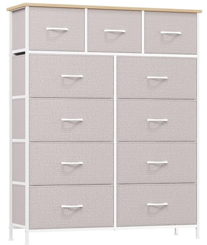 Somdot Kommode mit Schubladen, Stoffkommode, Kommode für Schlafzimmer Wohnzimmer Flur, Komodenschrank Schubladenschrank Aufbewahrungsschrank, 11 Stoffschubladen, Aschgrau