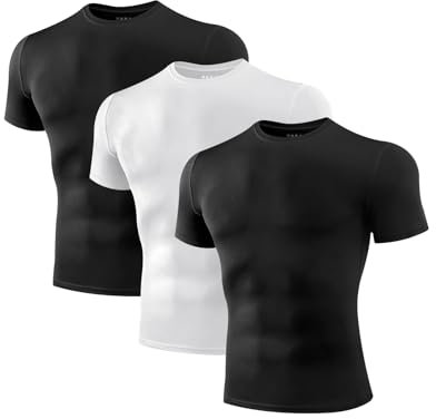 Niksa Compression Shirt Men, 3 Packs Short Sleeve Gym T Shirts Men's Muscle Fit T-Shirt Breathable Active Wear T Shirt Base Layers Quick Dry Tops for Running Cycling Sports, Black and White, S