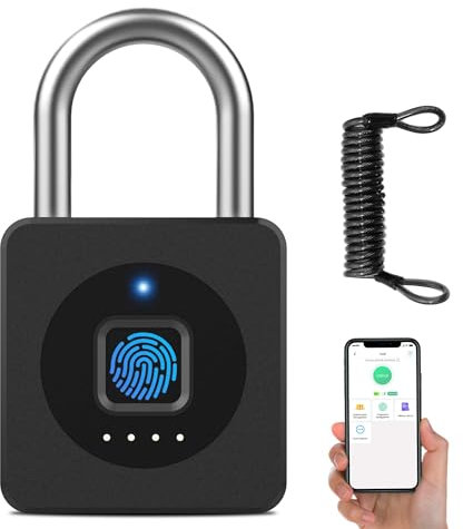 Vorhängeschloss Fingerabdruck, Dhiedas Bluetooth Schloss mit Fingerabdruck und APP, 43MM Vorhängeschloss Klein mit 6MM Dicker Schäkel für Fitnessstudio, Spind, Schule - Schwarz, mit Kabel