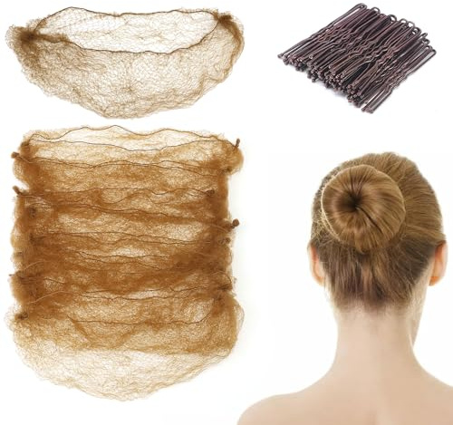Haarnetze für Dutt und 50 U-förmige Haarnadeln, Braun, Ballett-Haarnetz, 50 cm, unsichtbare Haarnetze für Frauen, Mädchen, Balletttänzer, Krankenschwestern, 25 Stück (braun)