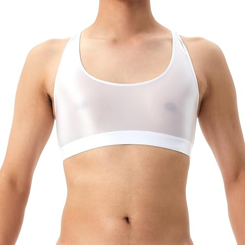 GENEMEN Hommes Soutien Gorge Sport Révélateur Gilet sous-vêtements Débardeur Chemise Transparente Soyeuse (Blanc, XXL)