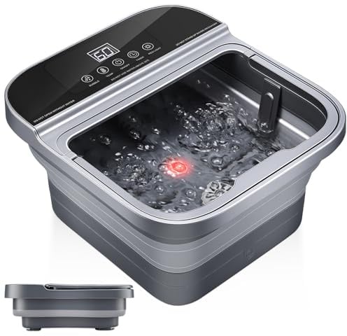 Heated Foot Spa, Collapsible Foot Bath Roller Massager with Heat, Bubble, and Temp Control, Electric Foldable Foot Massager with Remote
