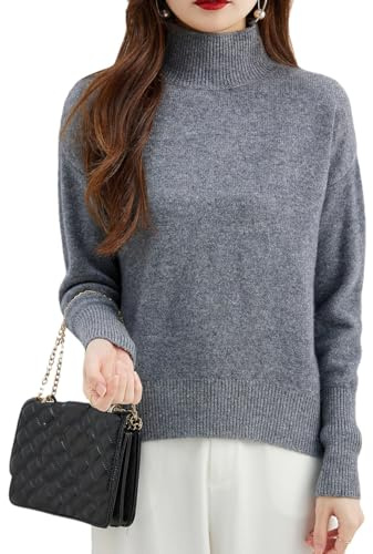 Women's Merino Wool Sweater Mock Neck Warm Long Sleeve Loose Knitted Jumpers