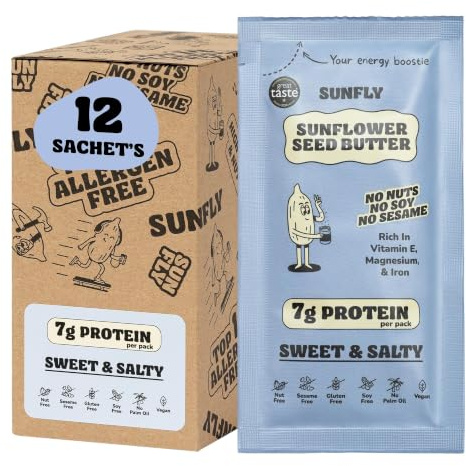 SUNFLY Sweet & Salty Sunflower Seed Butter – 12 Sachets (12 x 32g) | Nut-Free, Vegan, High-Protein | Allergen-Free, No Palm Oil | Plant-Based Peanut Butter Alternative, On-the-Go Spread