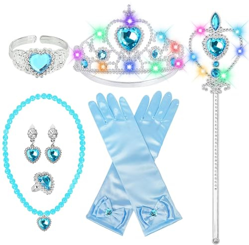 YUYWWAN Prinzessin Zubehör Mädchen 7 Stück Eiskönigin Kostüm Krone und Zauberstab mit Licht, Eisprinzessin Handschuhe Armband Halskette Ohrringe Ringe für Halloween, Weihnachten, Karneval, Geburtstag