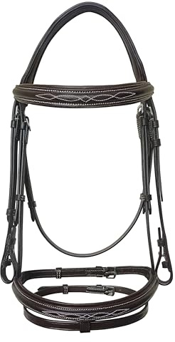 Equine Care English Horse Trensenzaum mit Zügeln - ausgefallene genähte, gepolsterte Komfortkrone & Nasenriemen, pflanzlich gegerbtes Leder, Edelstahlbeschläge, volle Größe Hunter Jumper Tack