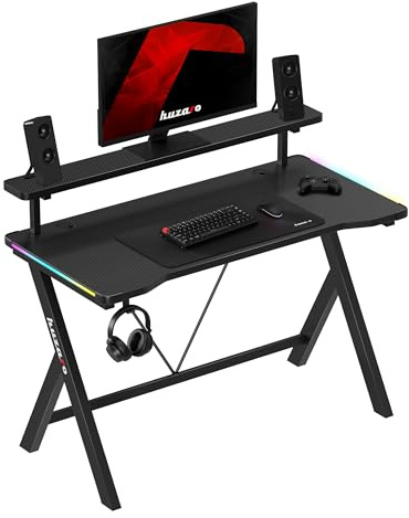 huzaro Hero 1.9 RGB Ergonomischer Gaming Tisch mit LED 120 x 60 cm | Gamer Tisch mit Stahlgestell, Kratzfestes Carbon Design, Kabelmanagement, Kopfhörerhalter, Büro & Home Office, Schwarz
