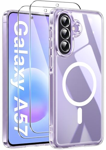 Opkiegrn für Samsung Galaxy A57 5G Hülle mit 2 Panzerglas Transparent | Magnetisch Handyhülle [Militärschutz] [Anti-Vergilbung] Stoßfest Kratzfest Rückseite Schutzhülle Durchsichtig Case