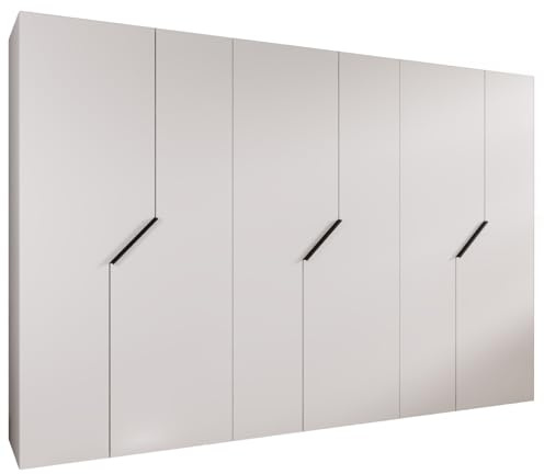 MEBLE KRYSPOL - Kleiderschrank - Garderobenschrank - 300 cm x 202 x 52 cm - Schrank mit Kleiderstange, 6 Türen - für Schlafzimmer, Flur - Andrew, Weiß, Griff Schwarz