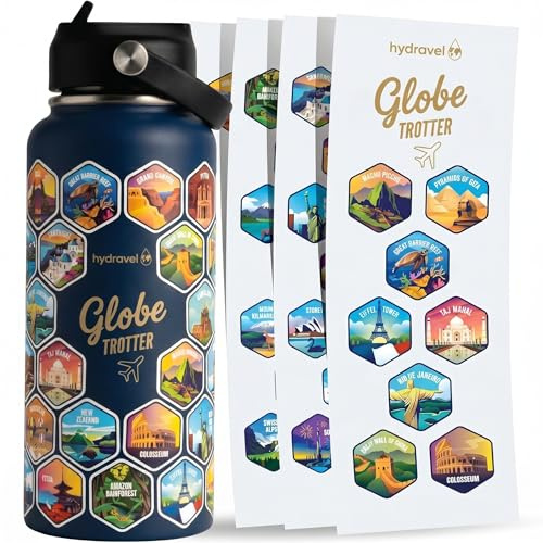 HYDRAVEL - Borraccia Termica GLOBE TROTTER con 50 Adesivi dei Posti più BELLI del Mondo - Ottima Idea Regalo per Viaggiatori - 1 LT, Acciaio Inox, bevande Calde per 12h/Fredde 24h (Blu)