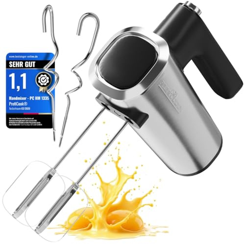 ProfiCook® Handmixer | 5 Stufen | sanfter Start | spülmaschinengeeignetes Zubehör | Turbo | 400W | Mixer Handrührer | 2 Edelstahl-Rührbesen und 2 Knethaken | Handrührgerät | PC HM 1335