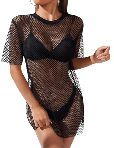 SamHeng Women's Fishnet Bikini Beach Cover Up Sexy Summer Beach Dress | Black Short Sleeve Beach Coverup See Through Mini Dress Hollow Out Summer Outfits for Women UK Party Nightclub