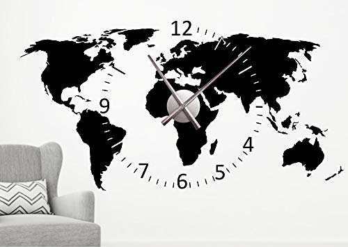 timalo® Wanduhr Wandtattoo 'Weltkarte' mit Uhrwerk – Uhr zum Aufkleben | 76040-schwarz-110x58-Uhr-silber