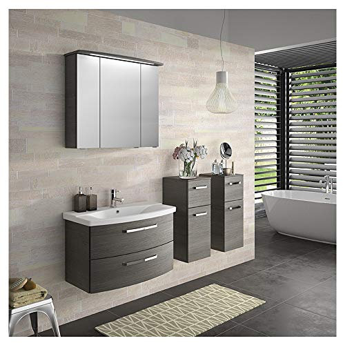 Pelipal - FOKUS 05-4010 - Badmöbel-Set - 84 cm - 3-teilig, vormontiert mit Spiegelschrank, Keramik-Waschtisch rund usw. in Graphit Struktur quer