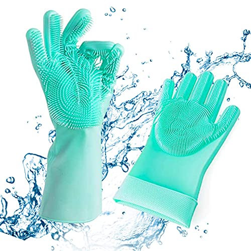 SGerste Silikon-Waschhandschuhe, wiederverwendbare Silikon-Bürstenhandschuhe, hitzebeständig, Silikon-Handschuhe mit magischem Waschschrubber für Küche, Bad, Tierhaarpflege (grün)