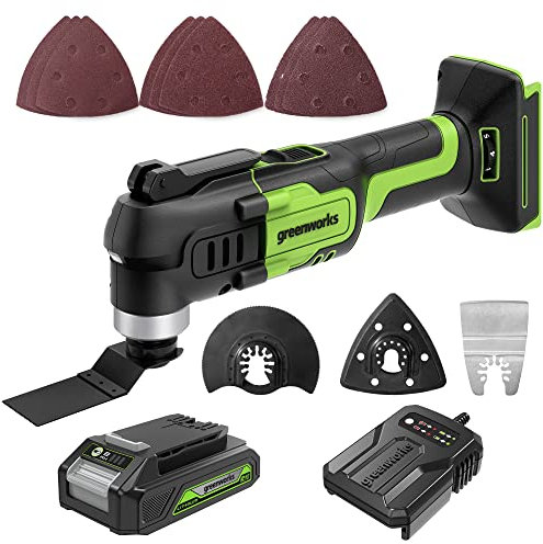 Greenworks Multiherramienta inalámbrica de 24 V, herramienta oscilante para cortar, clavar, raspar y lijar con 6 controles de velocidad variables, batería de 2.0 Ah y cargador de 2 A incluido
