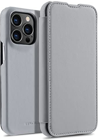 STILGUT Book Case kompatibel mit iPhone 13 Pro Max (6.7“) Hülle aus Leder zum Klappen, Klapphülle, Handyhülle, Lederhülle - Grau Nappa