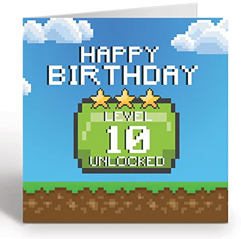 GIGGLE GREETINGS Geburtstagskarte für 10 Jahre alten Gamer Junge oder Mädchen – Happy Birthday Level 10 freigeschaltete Videospiel-Geburtstagskarte mit blauem Umschlag – umweltfreundliche Karte
