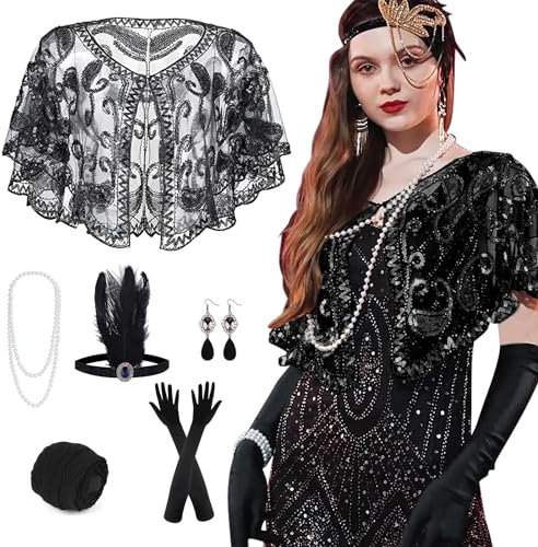 PLULON 10-teiliges 1920er Flapper Great Gatsby Accessoires-Set Fashion Roaring 20's Theme Set mit Stirnband, Kopfbedeckung, langen schwarzen Handschuhen, Halskette, Ohrringen für Frauen