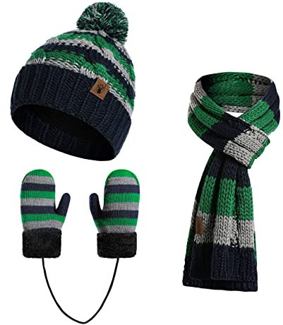 INSISMY 3PCS Kids Winter Hat Scarf Gloves Set for 3-8 Years Boys and Girls Pompom Beanie Hat Lined with Fleece Knitted Set