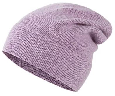 Unisex-Mütze aus 100% reinem Kashmir, gerippte Mütze mit Bündchen, warm, weich, mit Geschenkbox für Damen und Herren (Lila)