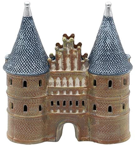 Dekohelden24 Windlicht - Lichthaus Holsten-Tor Lübeck aus Porzellan inkl. Beleuchtung, Maße L/B/H ca. 20 x 8 x 22 cm