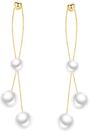 SLUYNZ Sterling Silber Perlen Ohrhänger für Frauen Damen Hochzeit Perlen Schlenker Ohrringe Lange Quaste (B-Gold)