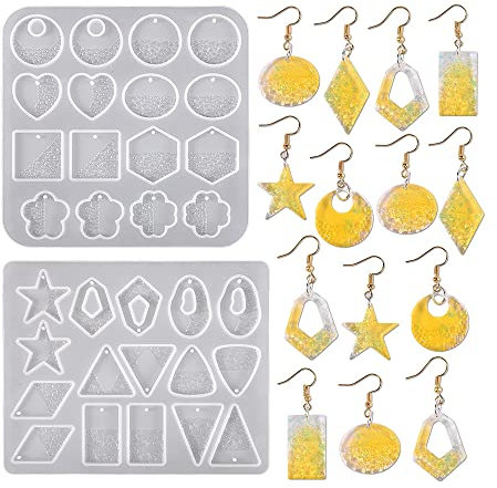Nifocc Lot de 2 moules à Bijoux résine époxy Pendentif Collier Boucles d'oreilles, Forme Silicone Forme cœur Forme Ronde étoile rectangulaire Bijoux résine coulée Moule Cristal pour Bricolage