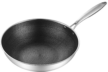 Edelstahl-Wok, Antihaftbeschichtete Wok-Pfanne Mit Deckel, Doppelseitige Wabenstruktur, 3-lagig, Verhindert Ein Anhaften, Bratpfanne, Koch-Wok-Pfanne, Kompatibel Mit (34cm (with lid no ears)), Ed