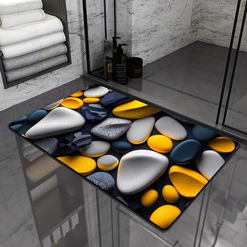 Olnamaro® Alfombra Baño,Alfombra Antideslizante & Motivo de Piedra en 3D,Alfombrilla de Ducha Absorbente de Tierra de Diatomeas,Secado Rápido al Aire,Embellece tu Estado de ánimo (80x50CM, Amarillo)