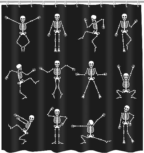 GETTOGET Rideau de douche motif tête de mort squelette drôle, danse, Halloween, dessin animé, jointures amusantes, fête vintage, ensemble de salle de bain avec 12 crochets, respectueux de